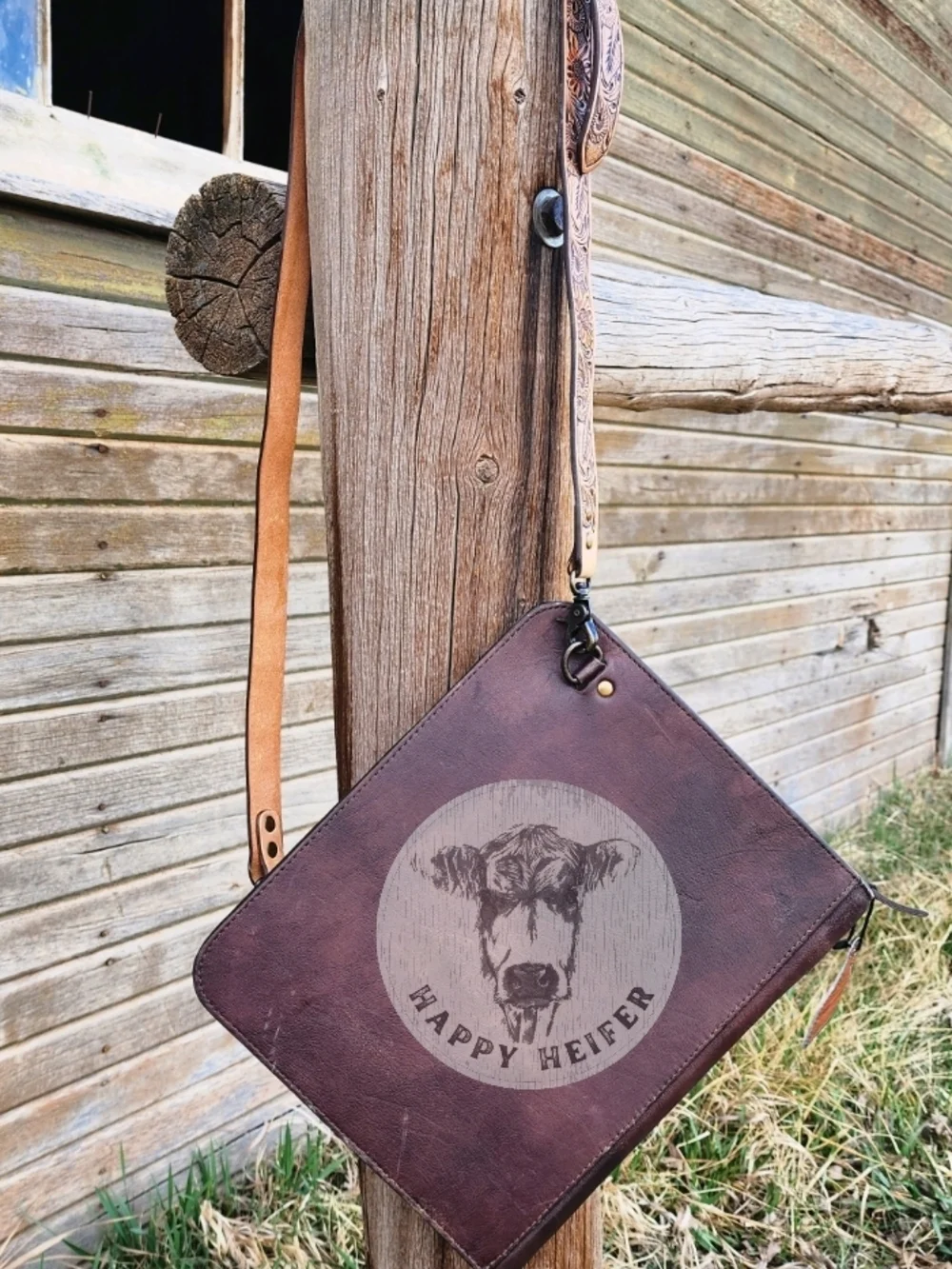 Handcrafted Leather Sunflower And Cowhide Three Ring Binder Crossbody